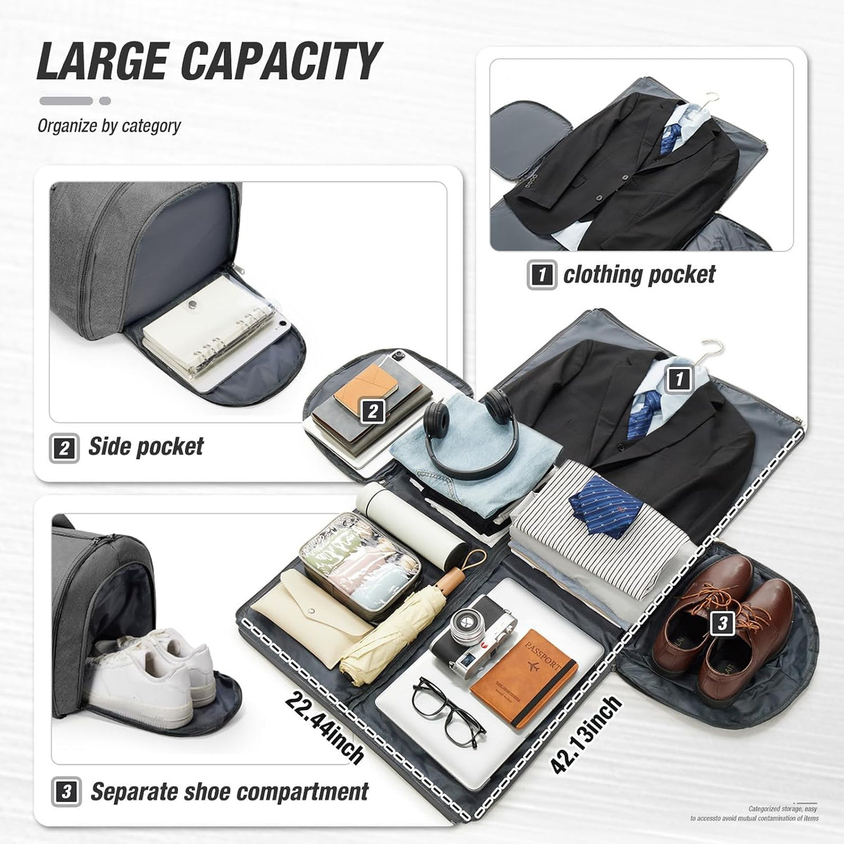 Garment Bags For Travel,Convertible Garment Bag With Shoulder Strap,Professional Carry On Duffel Bag For Men Women-2 In 1 Hanging Foldable Weekender Travel Suit Bags,Grey