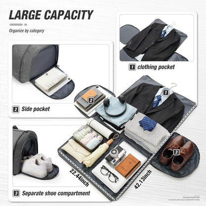 Garment Bags For Travel,Convertible Garment Bag With Shoulder Strap,Professional Carry On Duffel Bag For Men Women-2 In 1 Hanging Foldable Weekender Travel Suit Bags,Grey