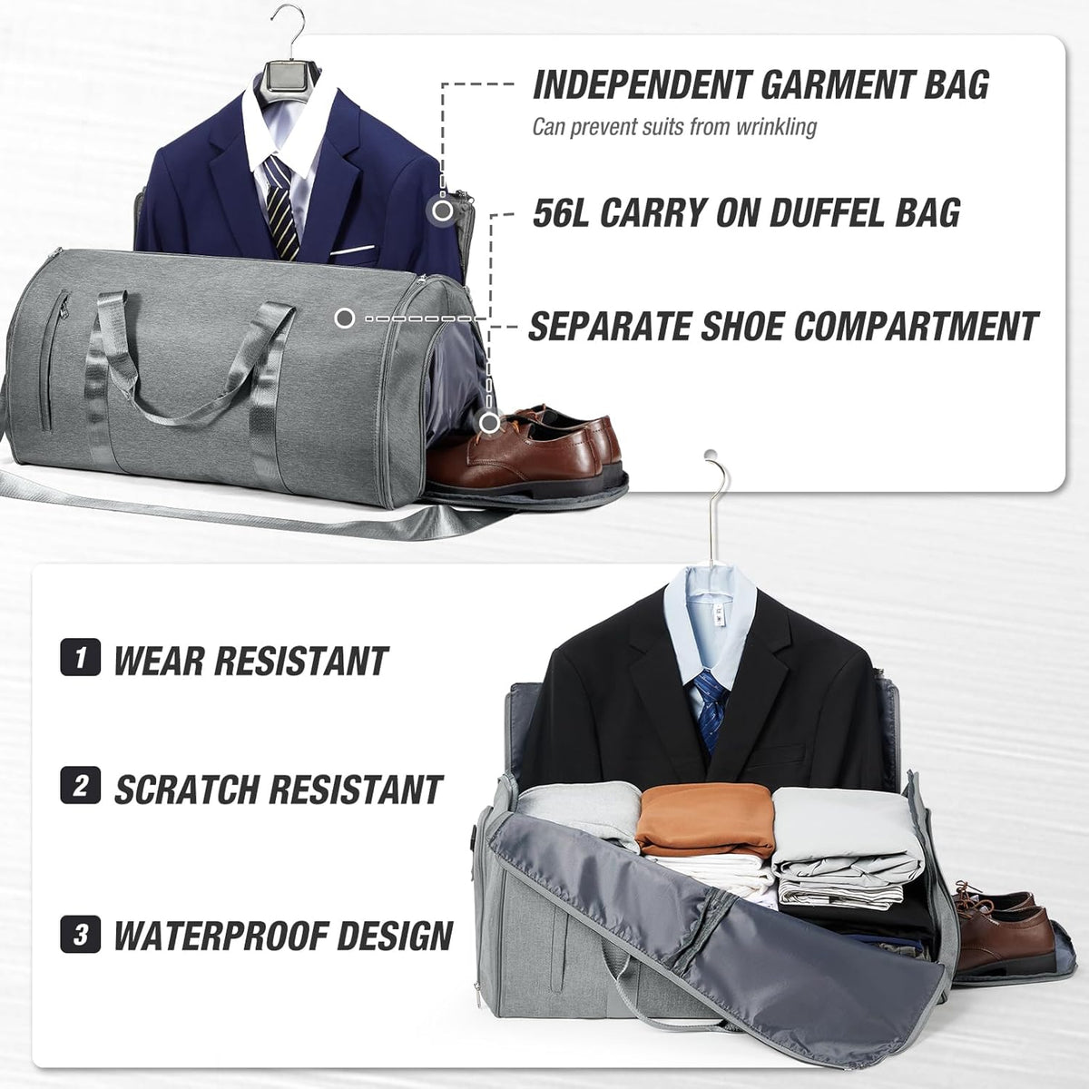 Garment Bags For Travel,Convertible Garment Bag With Shoulder Strap,Professional Carry On Duffel Bag For Men Women-2 In 1 Hanging Foldable Weekender Travel Suit Bags,Grey