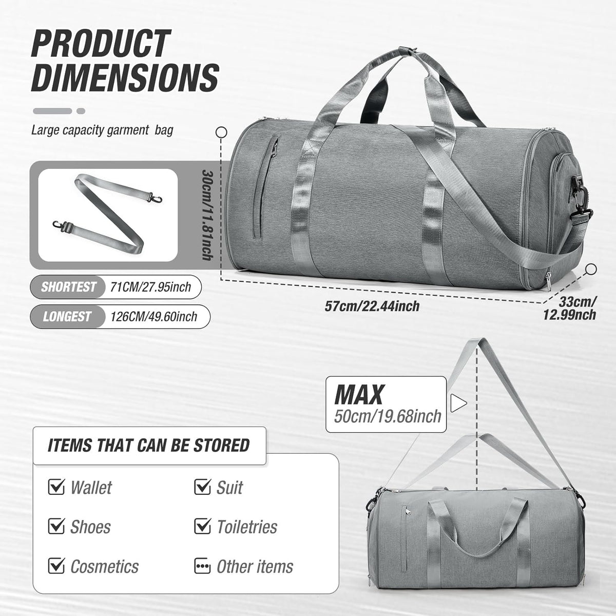 Garment Bags For Travel,Convertible Garment Bag With Shoulder Strap,Professional Carry On Duffel Bag For Men Women-2 In 1 Hanging Foldable Weekender Travel Suit Bags,Grey
