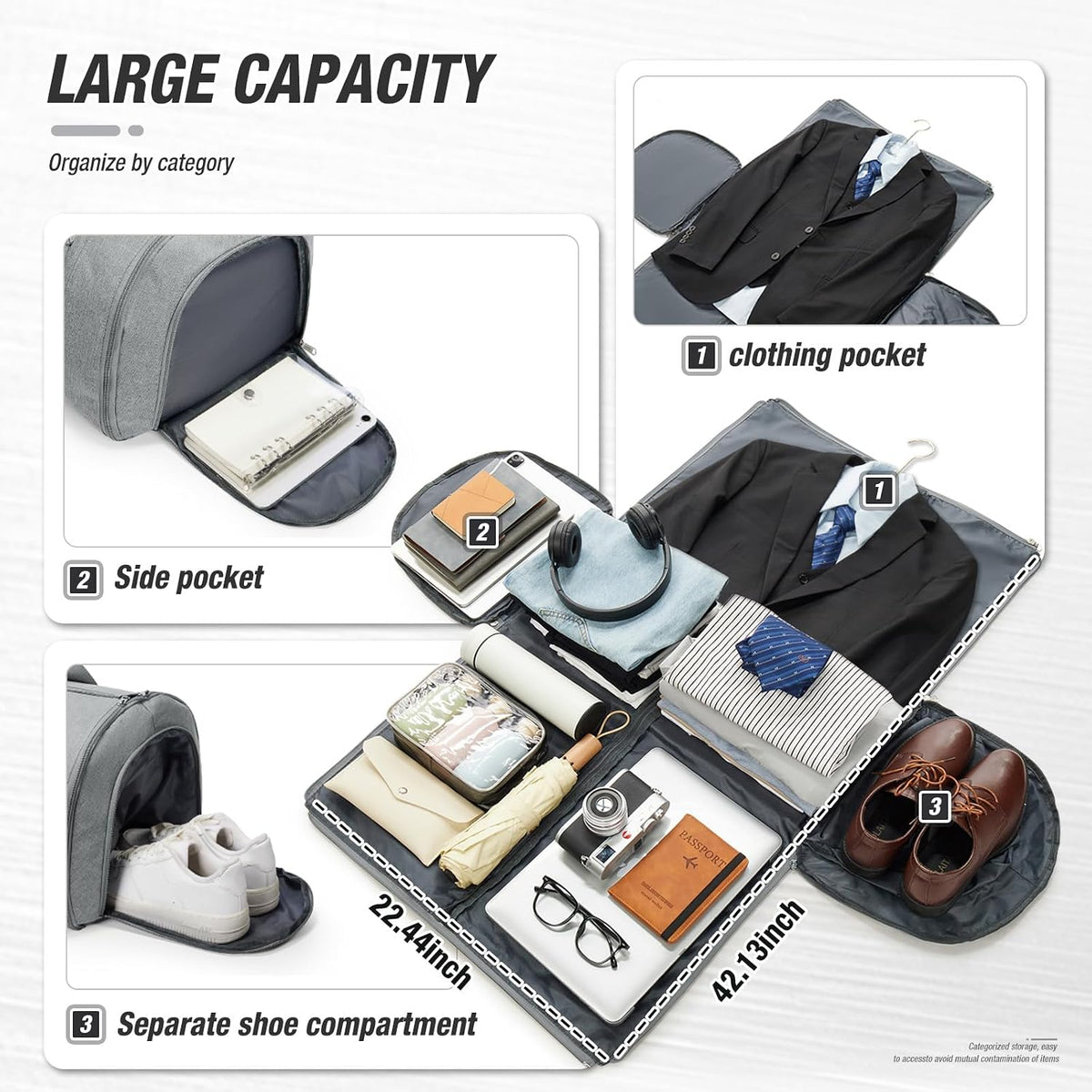 Garment Bags For Travel,Convertible Garment Bag With Shoulder Strap,Professional Carry On Duffel Bag For Men Women-2 In 1 Hanging Foldable Weekender Travel Suit Bags,Grey