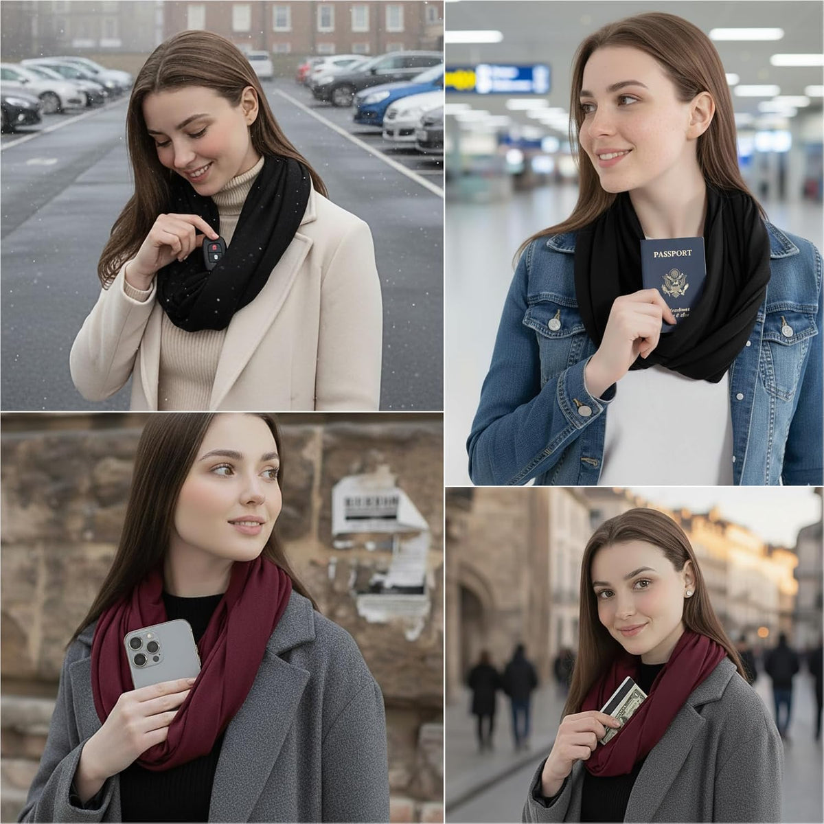 Infinity Loop Solid Color Scarf With Hidden Zipper Pocket For Women - Lightweight Travel Neck Wrap
