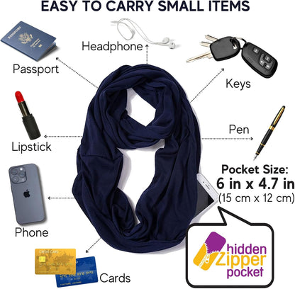 Infinity Loop Solid Color Scarf With Hidden Zipper Pocket For Women - Lightweight Travel Neck Wrap