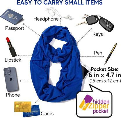 Infinity Loop Solid Color Scarf With Hidden Zipper Pocket For Women - Lightweight Travel Neck Wrap