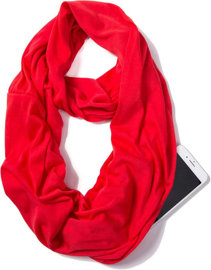 Infinity Loop Solid Color Scarf With Hidden Zipper Pocket For Women - Lightweight Travel Neck Wrap
