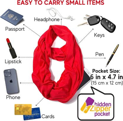 Infinity Loop Solid Color Scarf With Hidden Zipper Pocket For Women - Lightweight Travel Neck Wrap