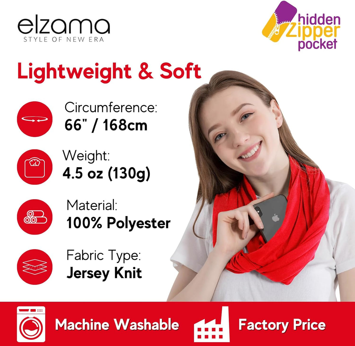 Infinity Loop Solid Color Scarf With Hidden Zipper Pocket For Women - Lightweight Travel Neck Wrap