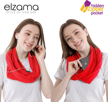 Infinity Loop Solid Color Scarf With Hidden Zipper Pocket For Women - Lightweight Travel Neck Wrap