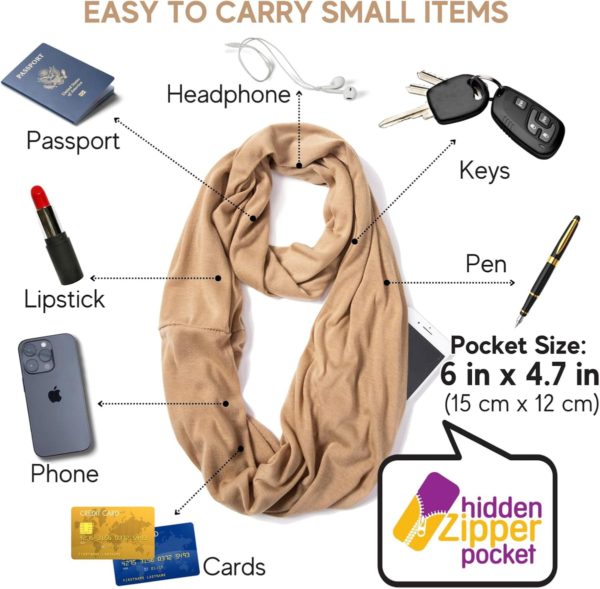 Infinity Loop Solid Color Scarf With Hidden Zipper Pocket For Women - Lightweight Travel Neck Wrap
