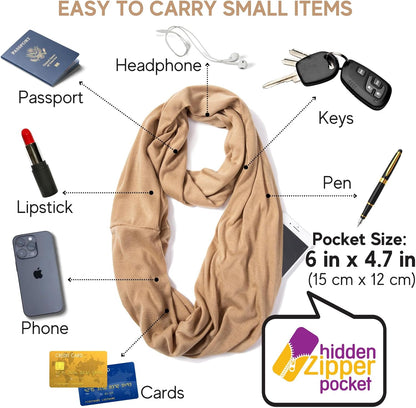 Infinity Loop Solid Color Scarf With Hidden Zipper Pocket For Women - Lightweight Travel Neck Wrap