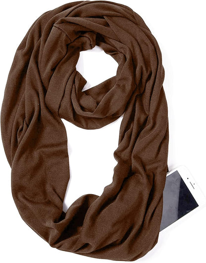Infinity Loop Solid Color Scarf With Hidden Zipper Pocket For Women - Lightweight Travel Neck Wrap