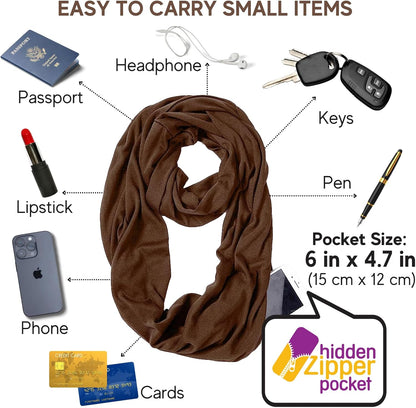 Infinity Loop Solid Color Scarf With Hidden Zipper Pocket For Women - Lightweight Travel Neck Wrap