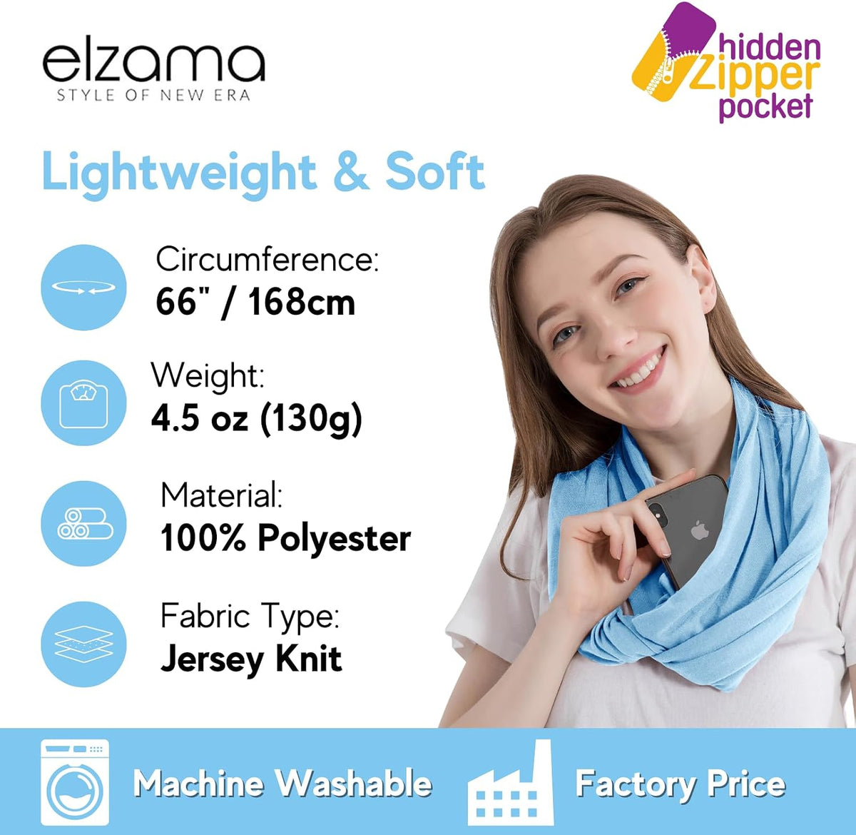 Infinity Loop Solid Color Scarf With Hidden Zipper Pocket For Women - Lightweight Travel Neck Wrap