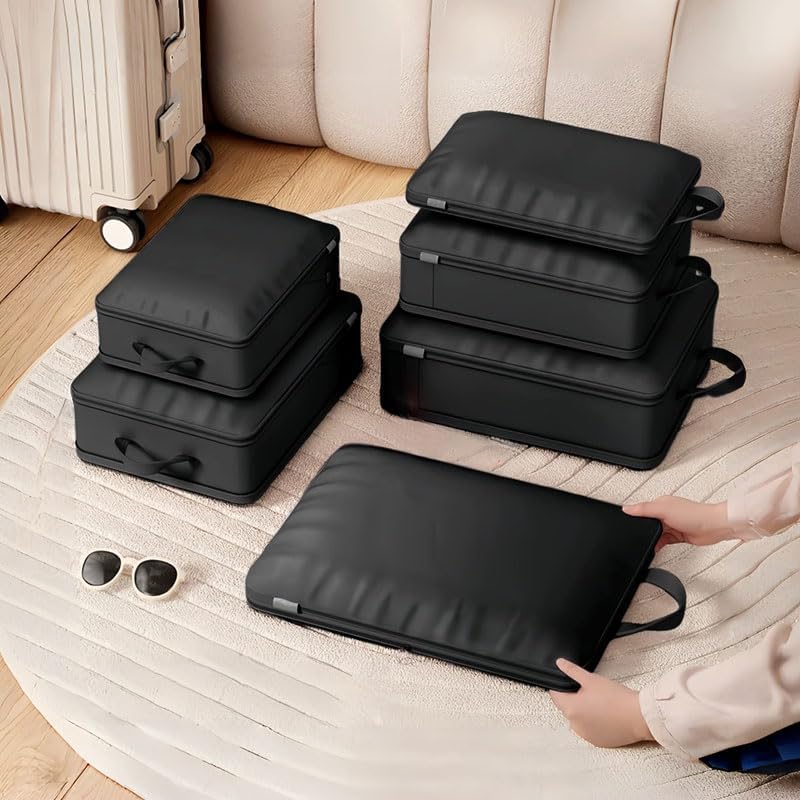 6 Set Compression Packing Cubes, Lightweight & Space-Saving Vacation Travel Essentials, Durable Various Sizes Packing Organizer with Zippers Shoe Bag for Suitcase Carry On Luggage, Black