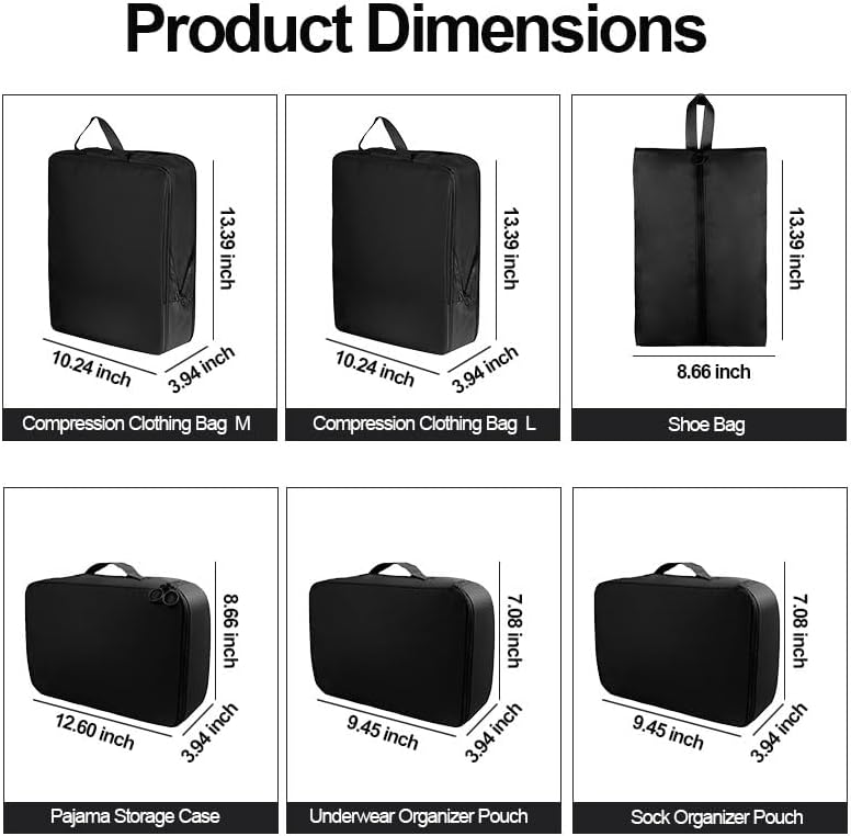 6 Set Compression Packing Cubes, Lightweight & Space-Saving Vacation Travel Essentials, Durable Various Sizes Packing Organizer with Zippers Shoe Bag for Suitcase Carry On Luggage, Black