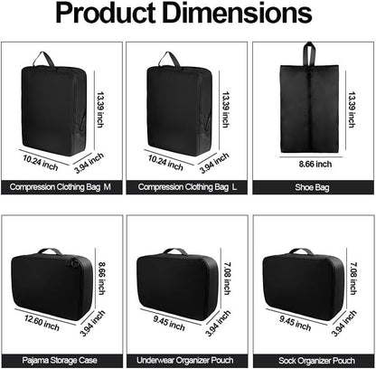 6 Set Compression Packing Cubes, Lightweight & Space-Saving Vacation Travel Essentials, Durable Various Sizes Packing Organizer with Zippers Shoe Bag for Suitcase Carry On Luggage, Black