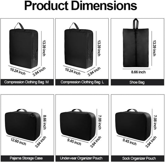 6 Set Compression Packing Cubes, Lightweight & Space-Saving Vacation Travel Essentials, Durable Various Sizes Packing Organizer with Zippers Shoe Bag for Suitcase Carry On Luggage, Black