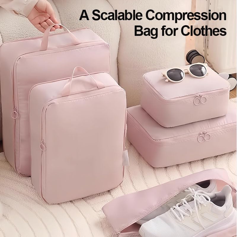 6 Set Compression Packing Cubes, Lightweight & Space-Saving Vacation Travel Essentials, Durable Various Sizes Packing Organizer with Zippers Shoe Bag for Suitcase Carry On Luggage, Black