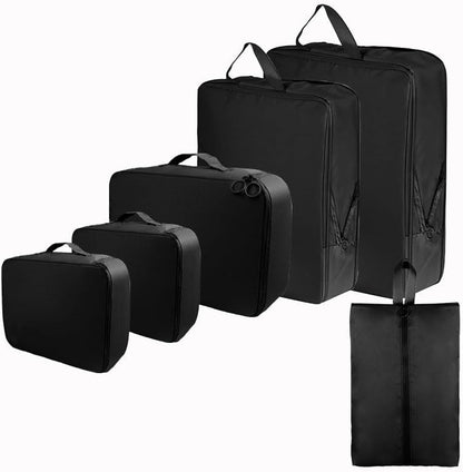 6 Set Compression Packing Cubes, Lightweight & Space-Saving Vacation Travel Essentials, Durable Various Sizes Packing Organizer with Zippers Shoe Bag for Suitcase Carry On Luggage, Black