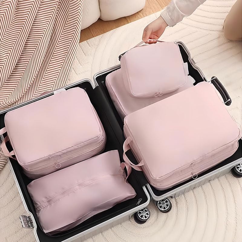 6 Set Compression Packing Cubes, Lightweight & Space-Saving Vacation Travel Essentials, Durable Various Sizes Packing Organizer with Zippers Shoe Bag for Suitcase Carry On Luggage, Black