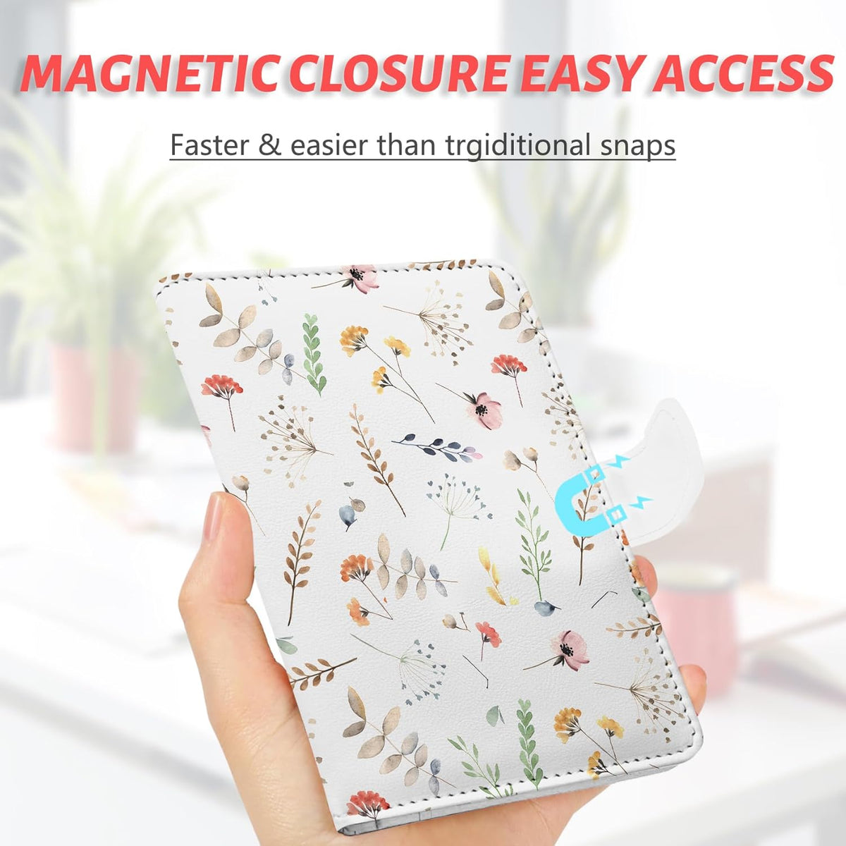 Passport Holder, Travel Wallet Cover with Pen Loop | Cute RFID Blocking Leather Case with Magnetic Closure for Travel Essentials-flower