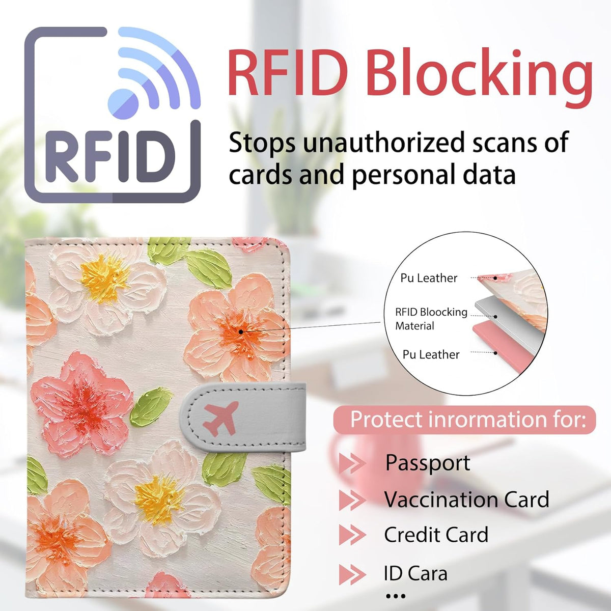 Passport Holder, Travel Wallet Cover with Pen Loop | Cute RFID Blocking Leather Case with Magnetic Closure for Travel Essentials-flower