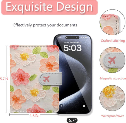 Passport Holder, Travel Wallet Cover with Pen Loop | Cute RFID Blocking Leather Case with Magnetic Closure for Travel Essentials-flower