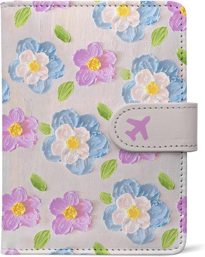 Passport Holder, Travel Wallet Cover with Pen Loop | Cute RFID Blocking Leather Case with Magnetic Closure for Travel Essentials-flower