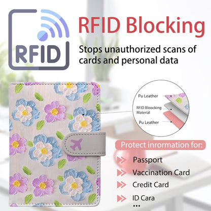 Passport Holder, Travel Wallet Cover with Pen Loop | Cute RFID Blocking Leather Case with Magnetic Closure for Travel Essentials-flower