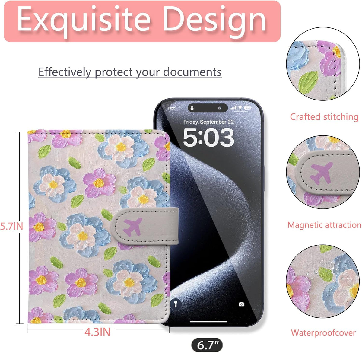 Passport Holder, Travel Wallet Cover with Pen Loop | Cute RFID Blocking Leather Case with Magnetic Closure for Travel Essentials-flower