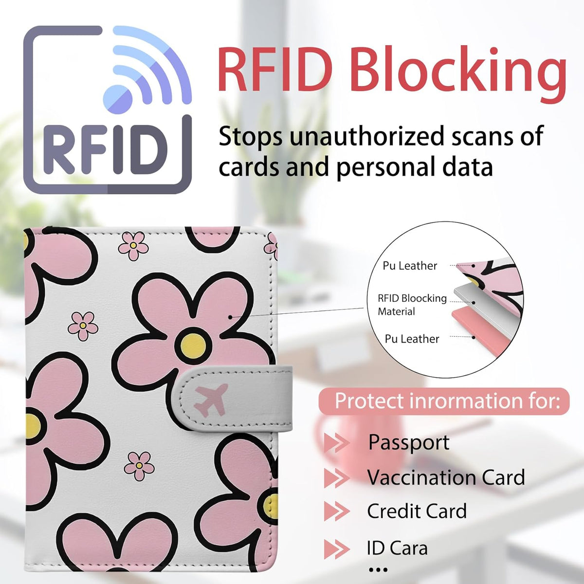Passport Holder, Travel Wallet Cover with Pen Loop | Cute RFID Blocking Leather Case with Magnetic Closure for Travel Essentials-flower