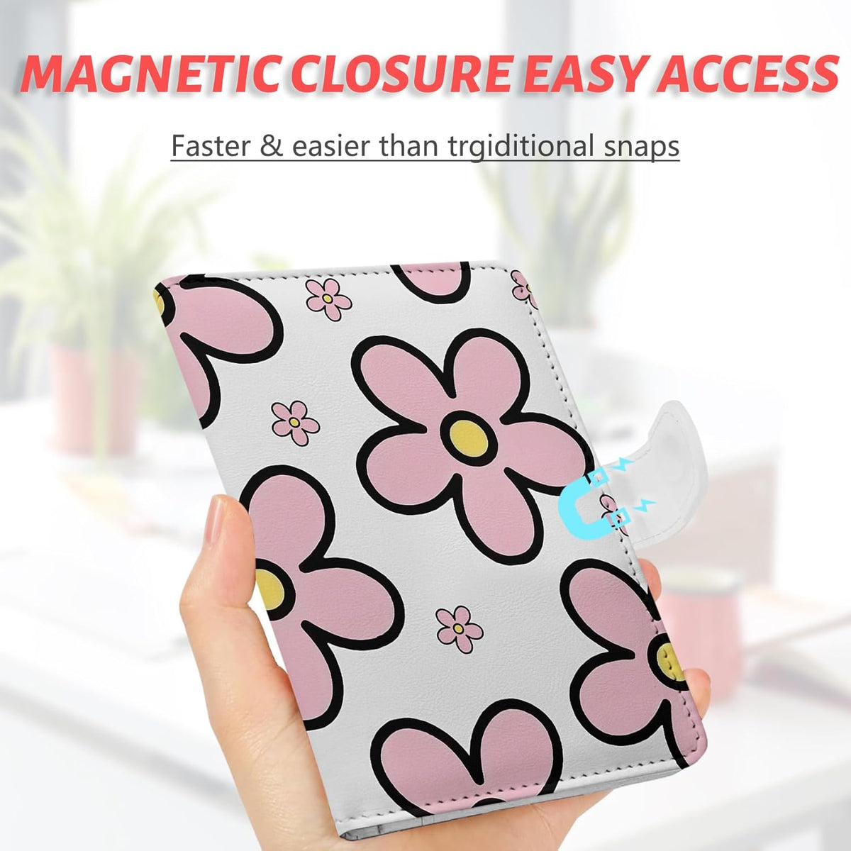 Passport Holder, Travel Wallet Cover with Pen Loop | Cute RFID Blocking Leather Case with Magnetic Closure for Travel Essentials-flower