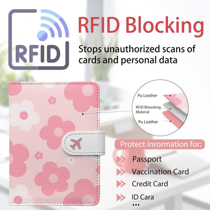 Passport Holder, Travel Wallet Cover with Pen Loop | Cute RFID Blocking Leather Case with Magnetic Closure for Travel Essentials-flower
