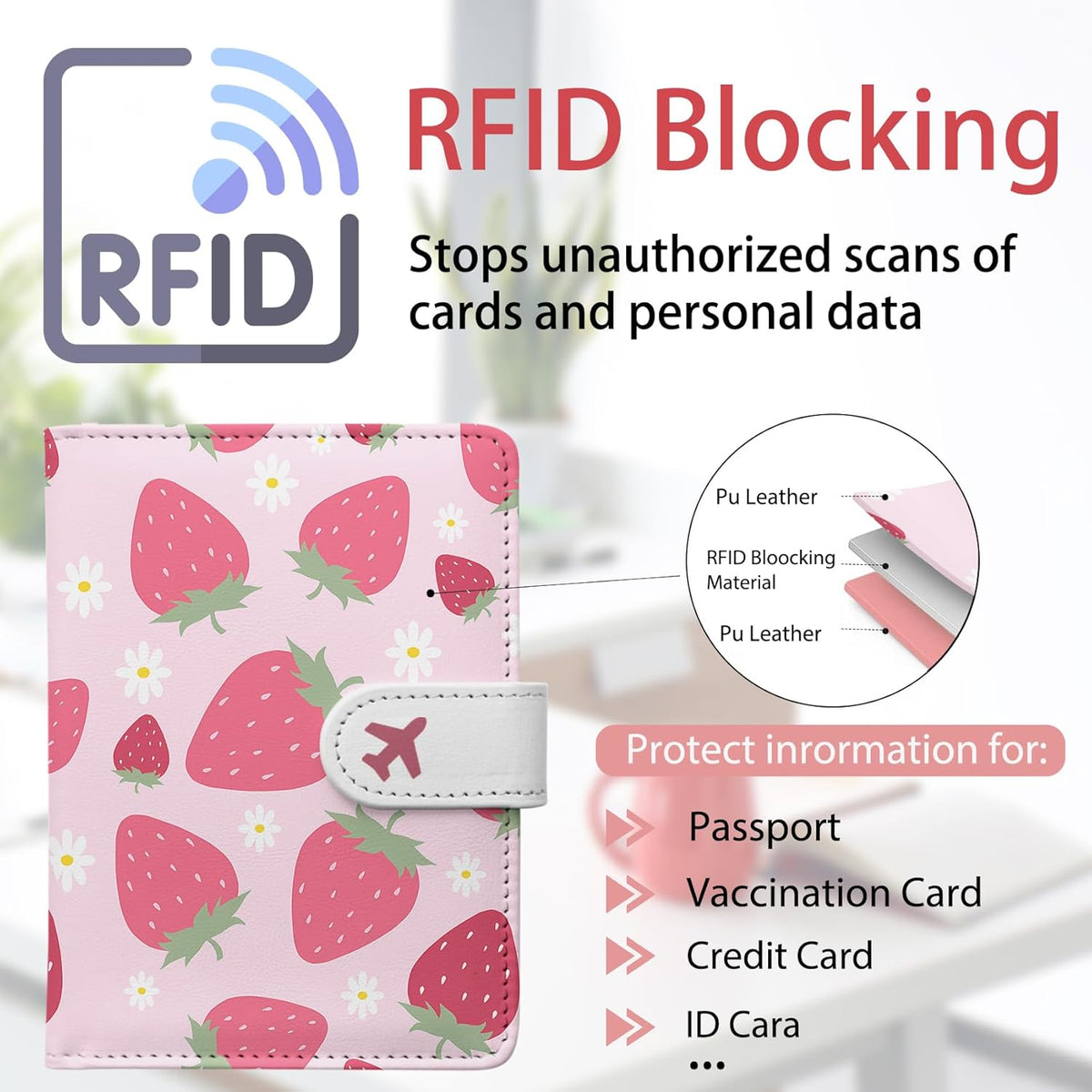 Passport Holder, Travel Wallet Cover with Pen Loop | Cute RFID Blocking Leather Case with Magnetic Closure for Travel Essentials-flower