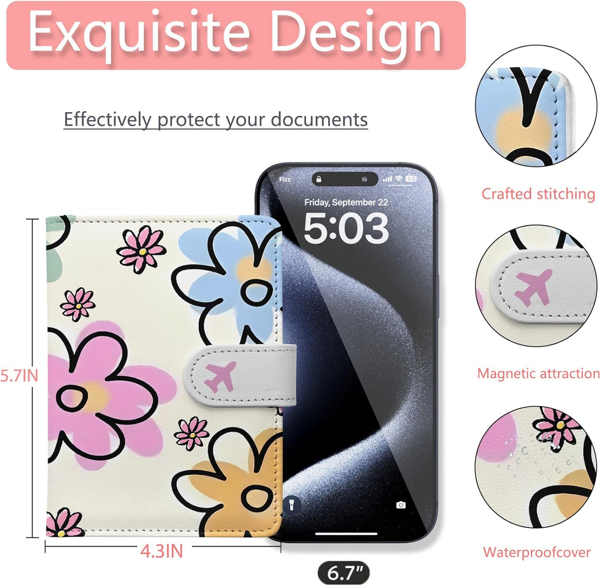 Passport Holder, Travel Wallet Cover with Pen Loop | Cute RFID Blocking Leather Case with Magnetic Closure for Travel Essentials-flower