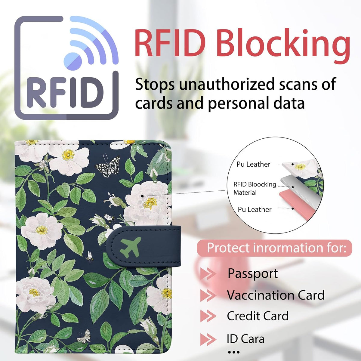 Passport Holder, Travel Wallet Cover with Pen Loop | Cute RFID Blocking Leather Case with Magnetic Closure for Travel Essentials-flower