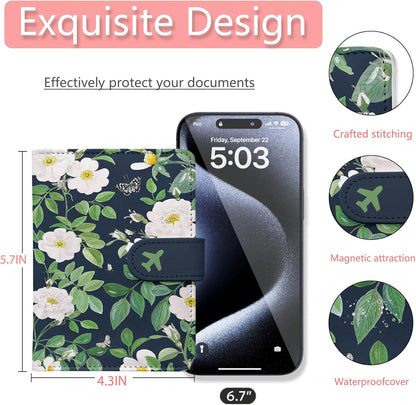 Passport Holder, Travel Wallet Cover with Pen Loop | Cute RFID Blocking Leather Case with Magnetic Closure for Travel Essentials-flower