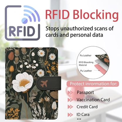 Passport Holder, Travel Wallet Cover with Pen Loop | Cute RFID Blocking Leather Case with Magnetic Closure for Travel Essentials-flower