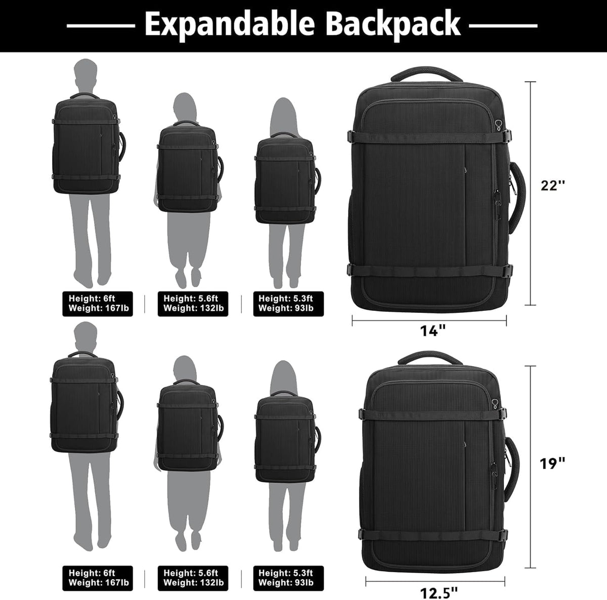Roomy Carry On Backpack, Expandable Large Capacity Travel Backpack 1-7 Days with LifetimeWarranty,Fits18.4" Laptop,Water Resistant Anti Theft Carry on Laptop Backpack for Men Women,Flight Travel,Black