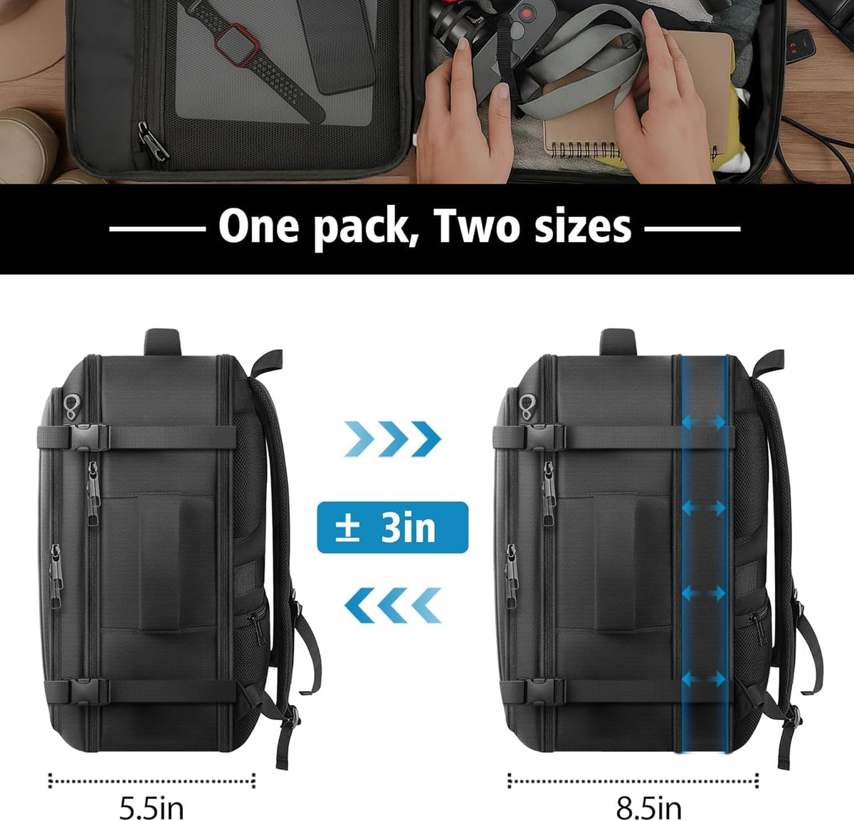 Roomy Carry On Backpack, Expandable Large Capacity Travel Backpack 1-7 Days with LifetimeWarranty,Fits18.4" Laptop,Water Resistant Anti Theft Carry on Laptop Backpack for Men Women,Flight Travel,Black