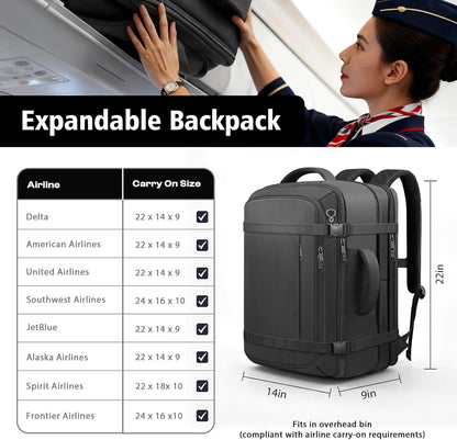 Roomy Carry On Backpack, Expandable Large Capacity Travel Backpack 1-7 Days with LifetimeWarranty,Fits18.4" Laptop,Water Resistant Anti Theft Carry on Laptop Backpack for Men Women,Flight Travel,Black