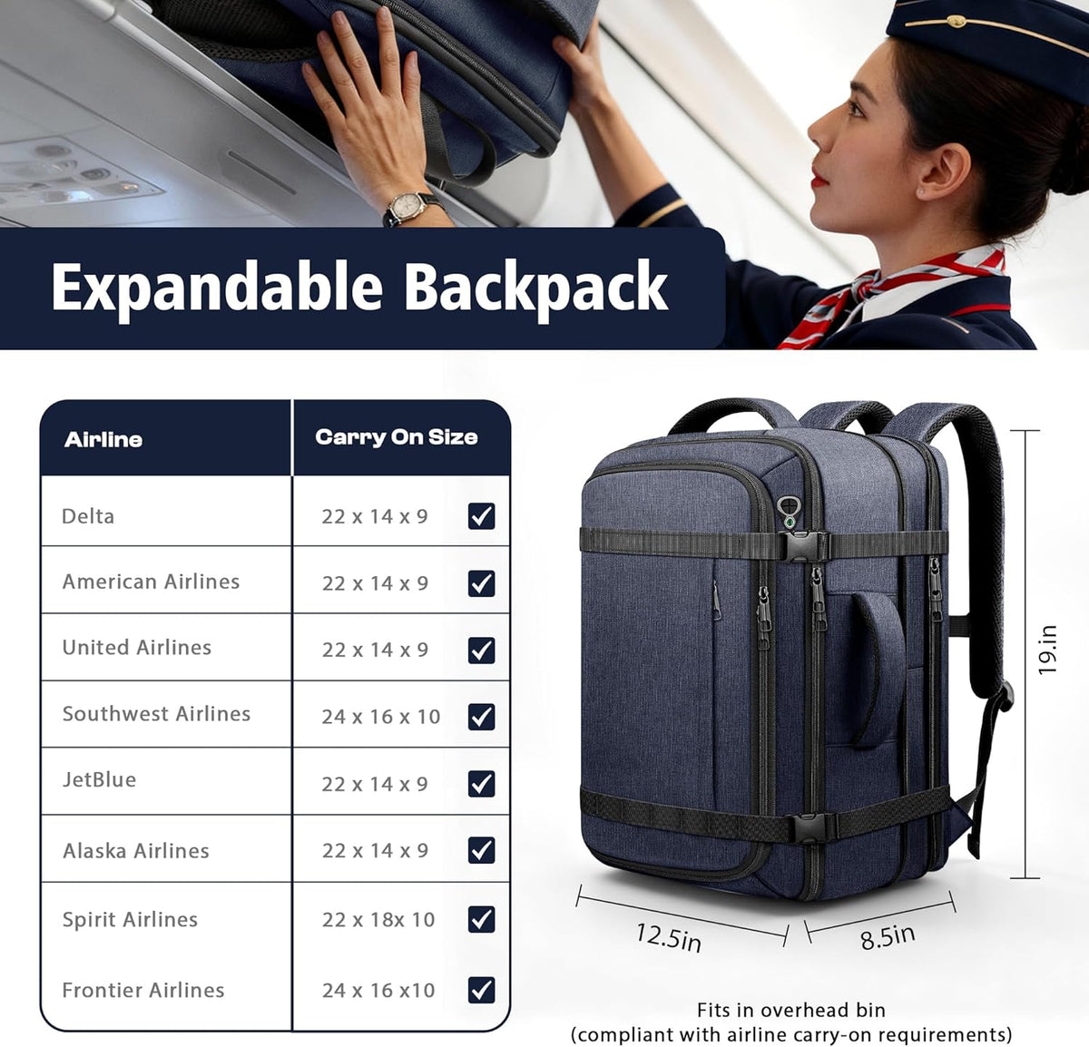 Roomy Carry On Backpack, Expandable Large Capacity Travel Backpack 1-7 Days with LifetimeWarranty,Fits18.4" Laptop,Water Resistant Anti Theft Carry on Laptop Backpack for Men Women,Flight Travel,Black