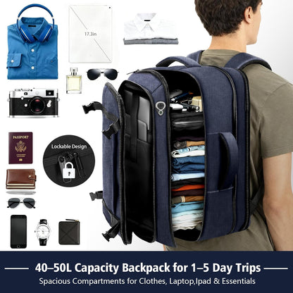 Roomy Carry On Backpack, Expandable Large Capacity Travel Backpack 1-7 Days with LifetimeWarranty,Fits18.4" Laptop,Water Resistant Anti Theft Carry on Laptop Backpack for Men Women,Flight Travel,Black