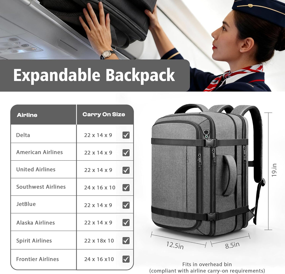 Roomy Carry On Backpack, Expandable Large Capacity Travel Backpack 1-7 Days with LifetimeWarranty,Fits18.4" Laptop,Water Resistant Anti Theft Carry on Laptop Backpack for Men Women,Flight Travel,Black