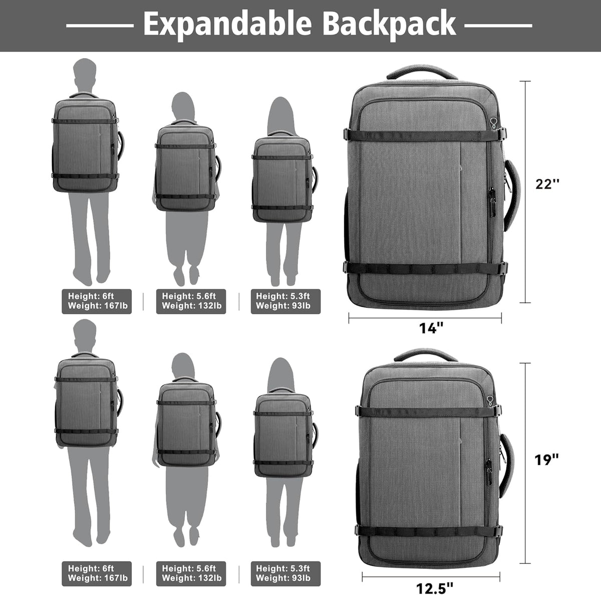Roomy Carry On Backpack, Expandable Large Capacity Travel Backpack 1-7 Days with LifetimeWarranty,Fits18.4" Laptop,Water Resistant Anti Theft Carry on Laptop Backpack for Men Women,Flight Travel,Black