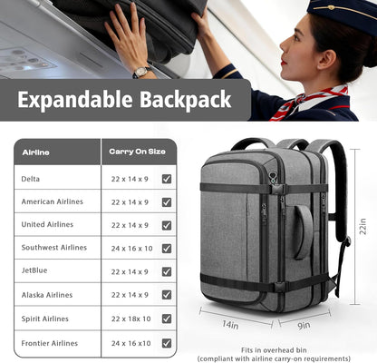 Roomy Carry On Backpack, Expandable Large Capacity Travel Backpack 1-7 Days with LifetimeWarranty,Fits18.4" Laptop,Water Resistant Anti Theft Carry on Laptop Backpack for Men Women,Flight Travel,Black