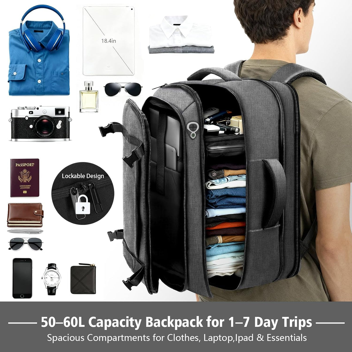 Roomy Carry On Backpack, Expandable Large Capacity Travel Backpack 1-7 Days with LifetimeWarranty,Fits18.4" Laptop,Water Resistant Anti Theft Carry on Laptop Backpack for Men Women,Flight Travel,Black