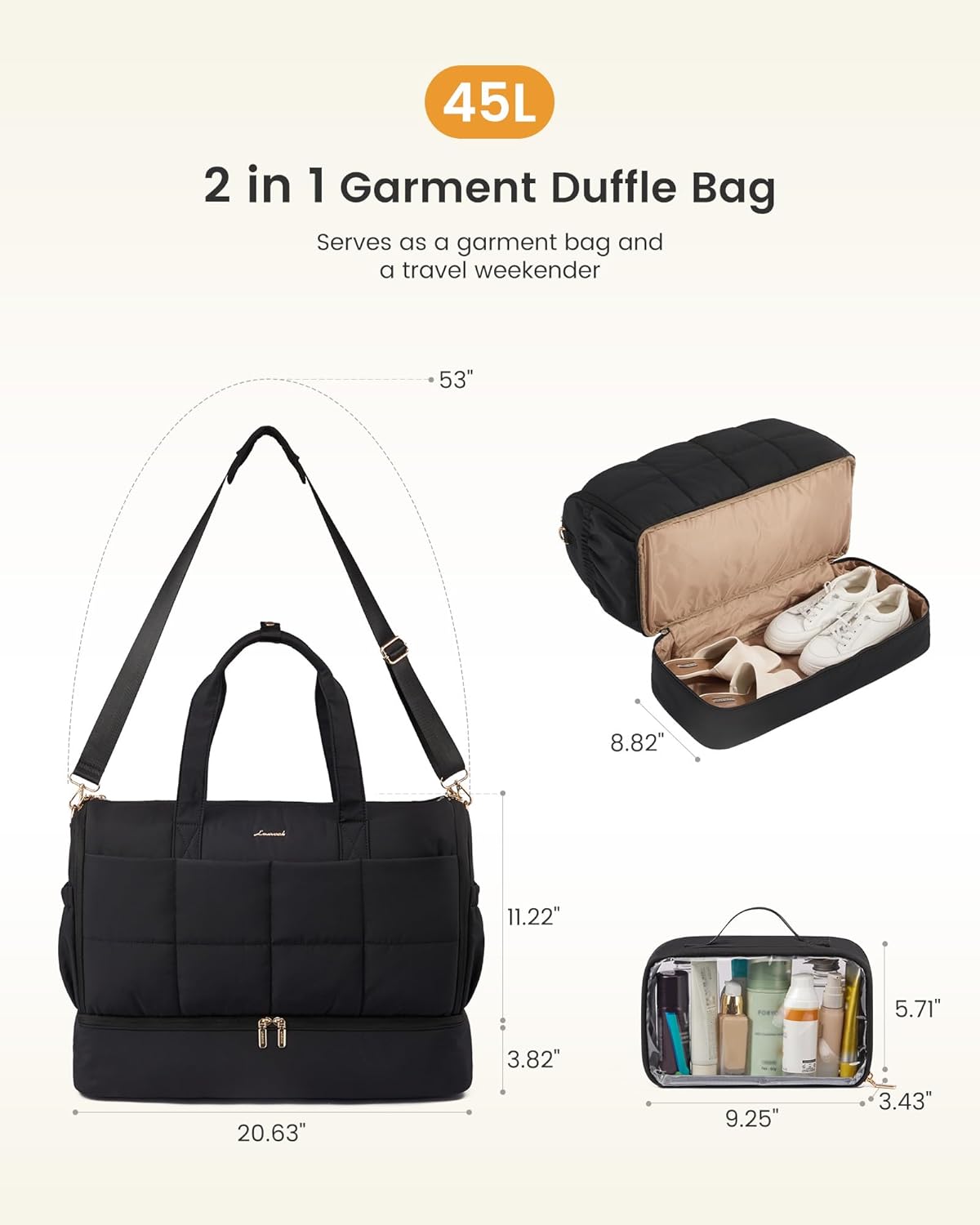 Garment Bags for Travel,Convertible Garment Bag for Women with Shoe Pouch,Carry on Duffel Bag with Toiletry Bag, 2 in 1 Hanging Suitcase Suit Bag,Waterproof Weekender Bags for Business Trip