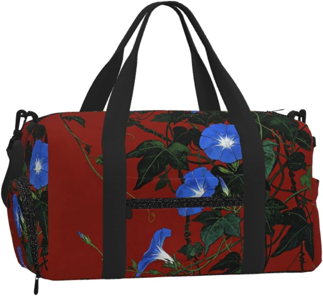 Red Green Flower Duffel Bag with Shoe Compartment-Sports Gym Weekender for Men Women, Waterproof Travel Tote with Wet Pocket for Dirty Shoes