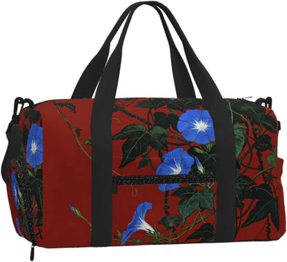 Red Green Flower Duffel Bag with Shoe Compartment-Sports Gym Weekender for Men Women, Waterproof Travel Tote with Wet Pocket for Dirty Shoes